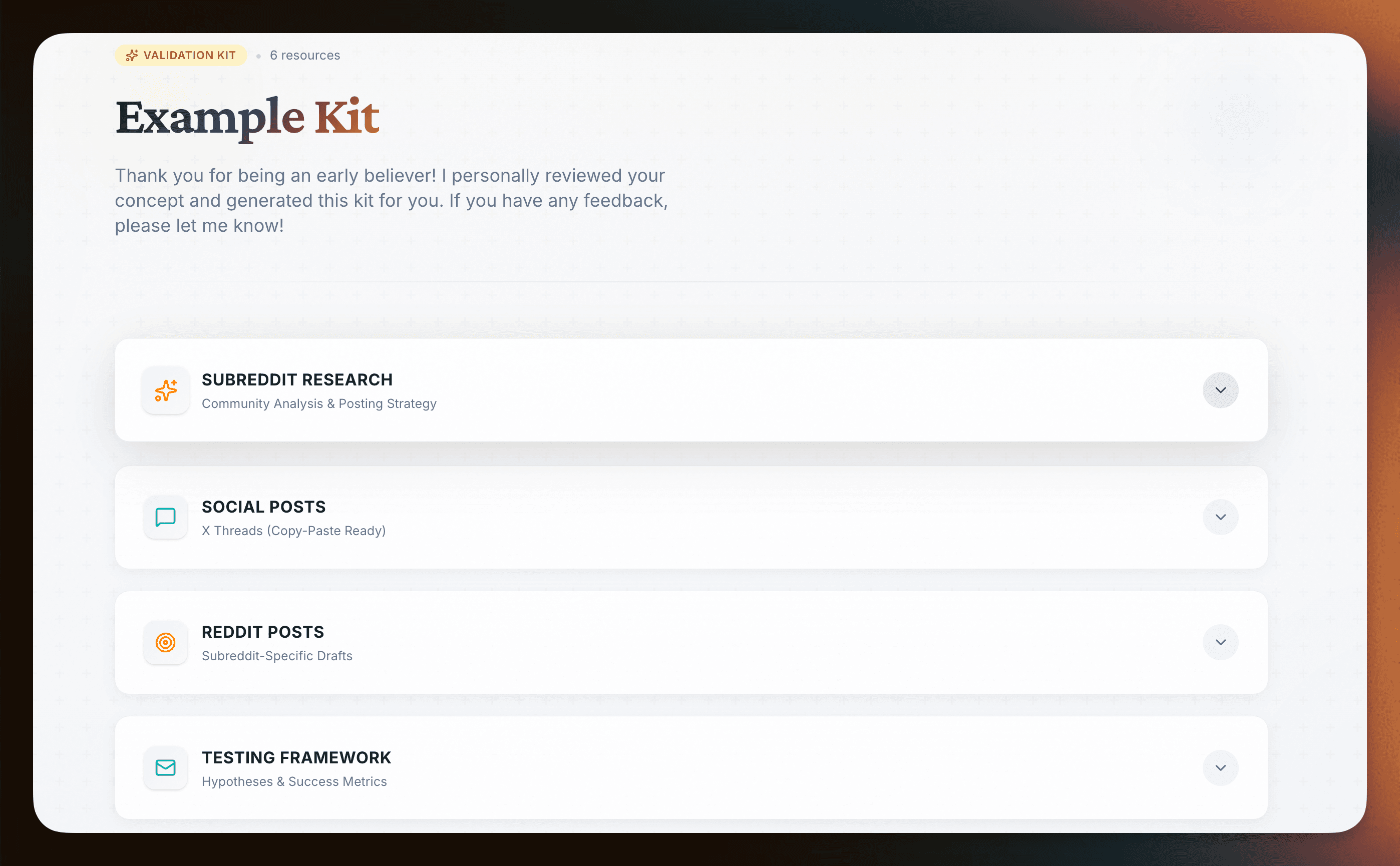 Vibe Validation kit showing AI prompts, social posts, and interview templates